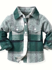 Kids Casual Plaid Button-Down Shirts, Polyester Blend, Lapel Collar, Non-Stretch, Long Sleeve, Regular Length, Spring/Fall, Single Breasted Pajama Top, Ages 12 & Under