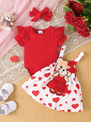 Baby's Cute Bear Patchwork 2pcs Summer Outfit, Ruffled Bodysuit & Suspender Overall Dress Set, Toddler & Infant Girl's Clothes For Daily Wear/Holiday/Party