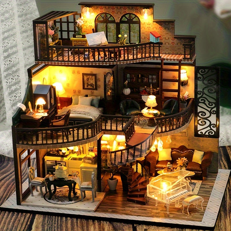 3DPuzzle Wood Handmade Assembled Building House Model House, Diy Cabin Mini Dollhouse Home Decorations Art House With Furniture, As Halloween, Chrismas Gift