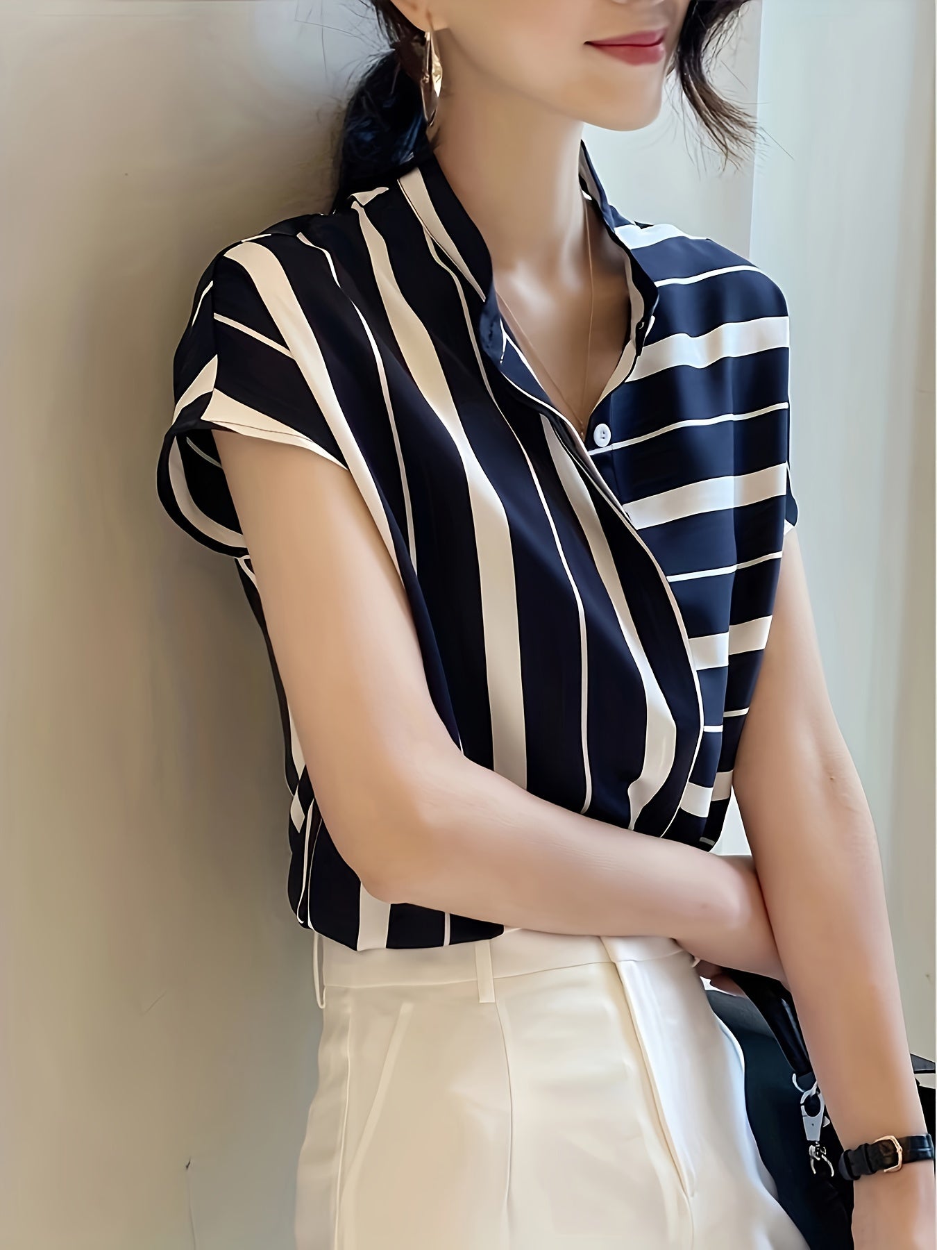 Stripe Print Button Front Blouse, Casual Short Batwing Sleeve Top For Spring & Summer, Women's Clothing