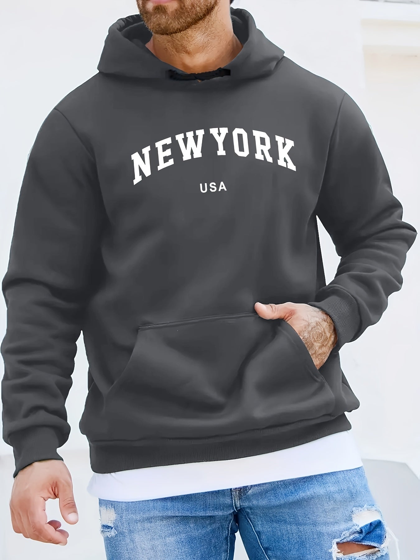 Mens New York Skyline Print Hoodie - Kangaroo Pocket, Long Sleeve, Durable & Warm - Casual Fall Winter Sweatshirt for All-Season Style