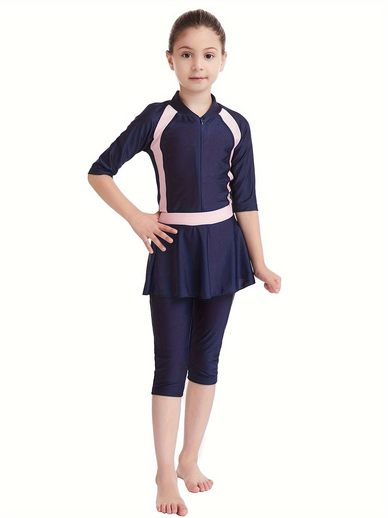 Girls Swimsuit Set, Long Sleeve And Pants Swimwear With Detachable Skirt And Cap, Sporty Style Beachwear