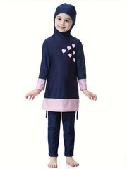 2pcs Heart-Embellished Modest Swimsuit for Girls - Full Coverage Hijab Swimwear Set - Stylish & Secure