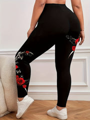 Plus Size Floral Print Leggings, Casual High Waist Stretchy Leggings For Spring & Summer, Women's Plus Size Clothing