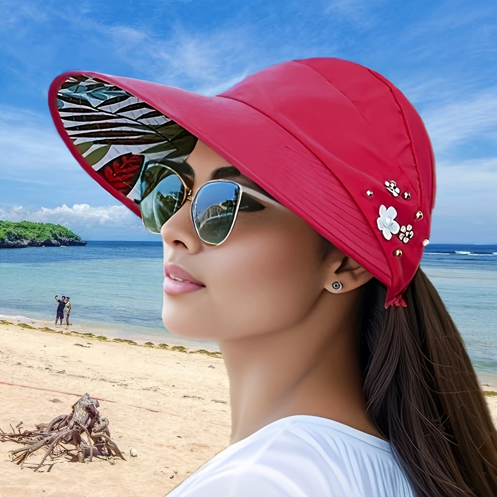 Chic Foldable Beaded Flower Sun Hat - Stylish Knitted Women's UV Protection Visors, Durable And Comfortable Outdoor Wear