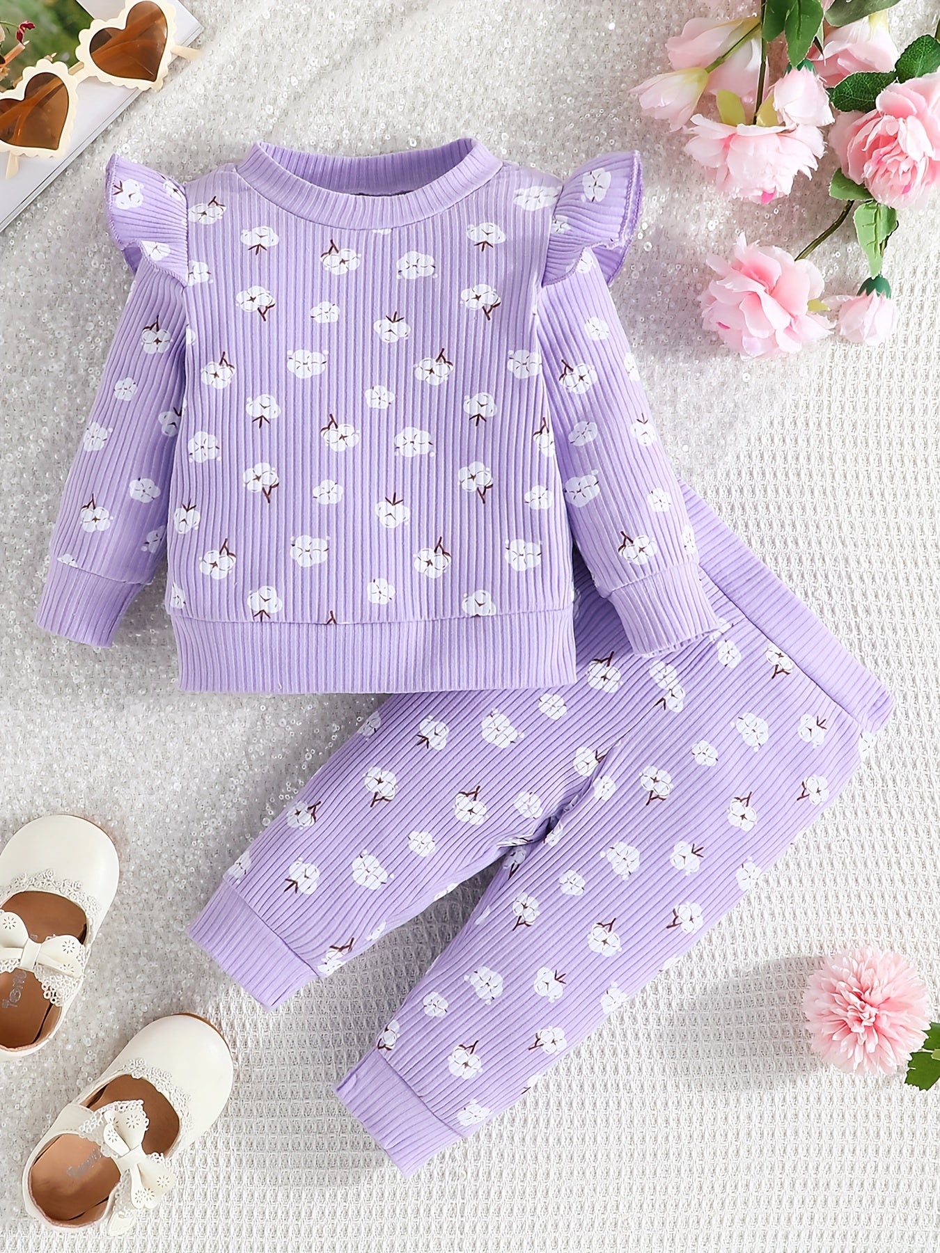 Infant Baby Girl Cute Pink Flowers Graphic Long Sleeve Pullover Top + Pants Set, Toddler's Cotton Thermal Clothes