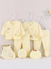 7pcs Newborn Outfits Gifts, Cute Graphic Baby Boys Girls Cotton Comfy Clothes Set - Footed Pants Cardigan Top Trousers Hat Bib Set