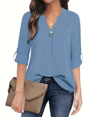 Solid Color Notch Neck Blouse, Casual Long Sleeve Blouse For Spring & Fall, Women's Clothing