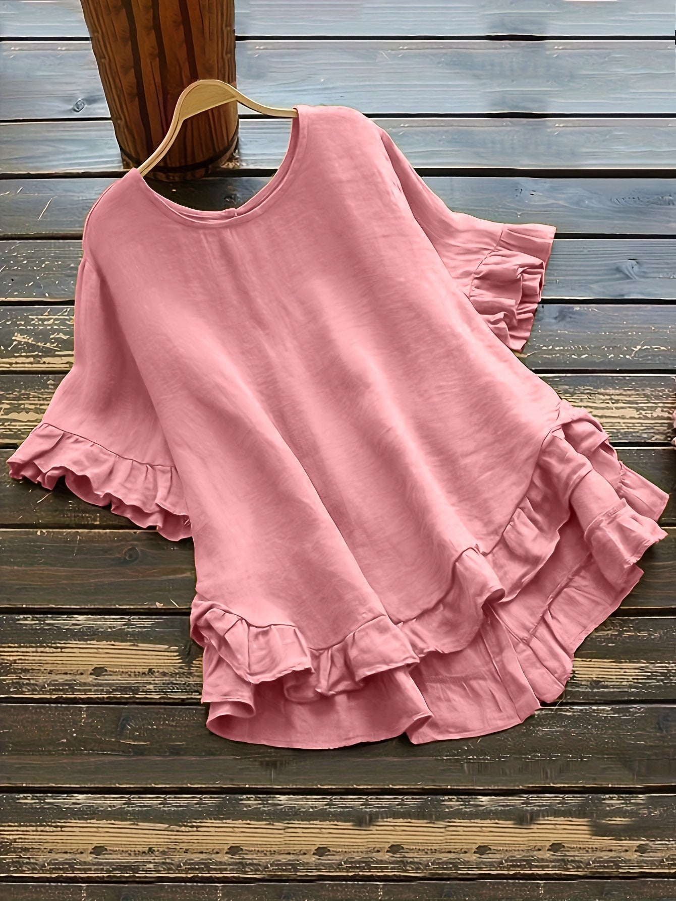 Button Detail Ruffle Hem Blouse, Casual Crew Neck Short Sleeve Blouse For Spring & Summer, Women's Clothing