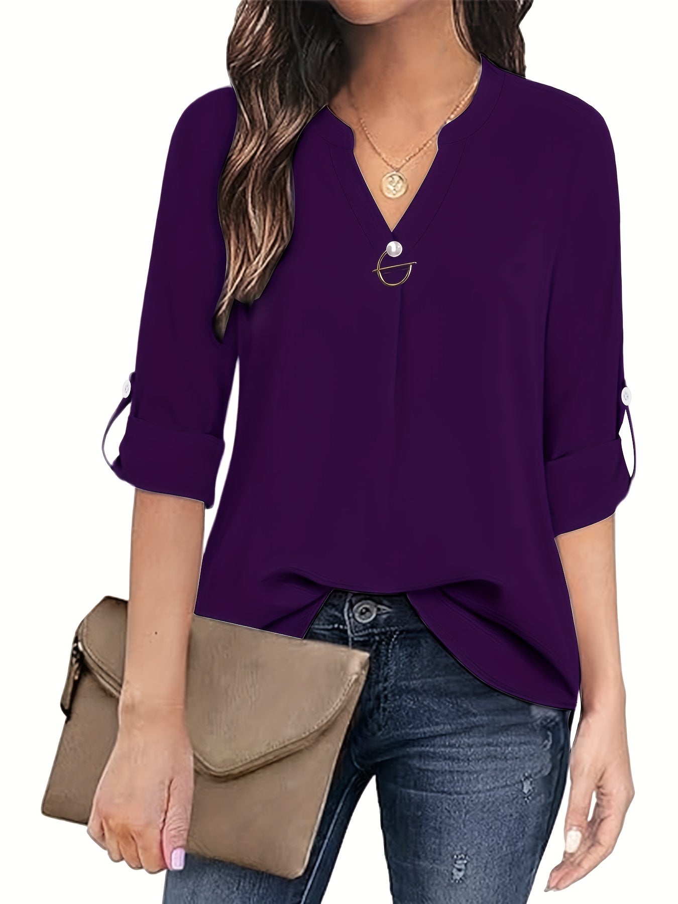 Solid Color Notch Neck Blouse, Casual Long Sleeve Blouse For Spring & Fall, Women's Clothing