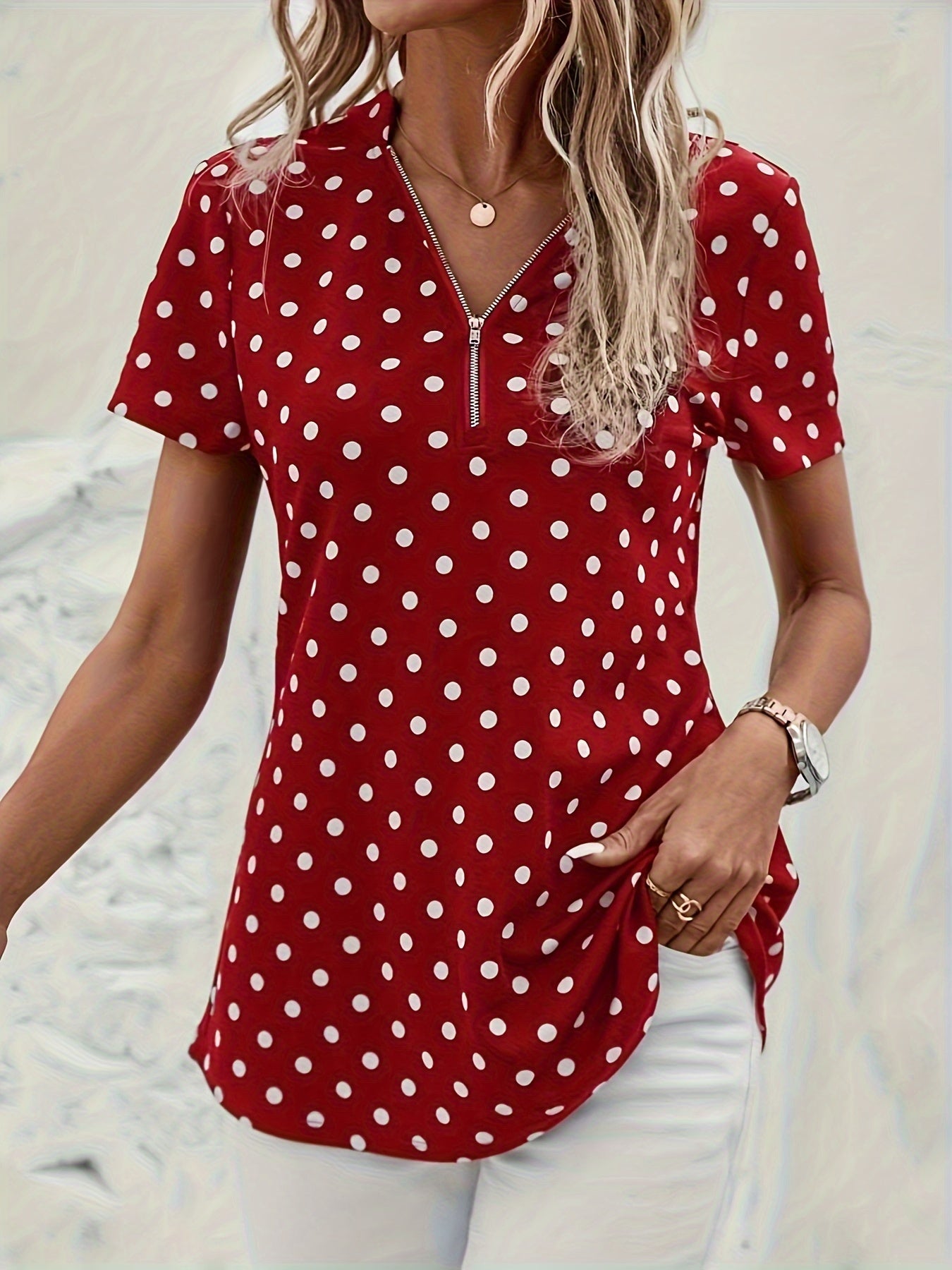 Polka Dots Print V Neck Blouse, Elegant Zipper Front Short Sleeve Blouse For Spring & Summer, Women's Clothing