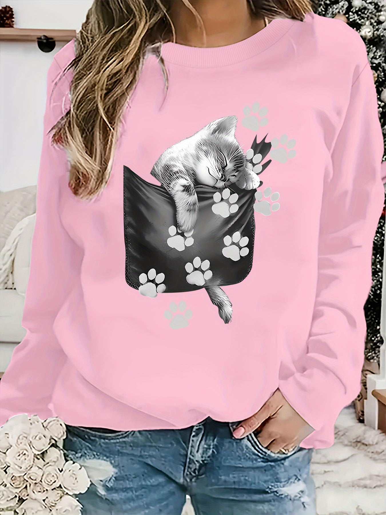 Cat & Paws Print Pullover Sweatshirts - Cozy Long Sleeves for Ultimate Comfort, Classic Crew Neck Design, Ultra-Relaxed Fit for Everyday Casual Wear, Perfect for Chilly Fall and Winter Days