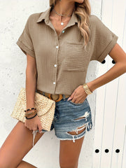 Button Up Loose Solid Blouse, Casual Short Sleeve Blouse For Spring & Summer, Women's Clothing