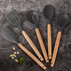 5pcs/set, Silicone Utensil Set, Kitchen Utensil Set, Safety Cooking Utensils Set, Non-Stick Cooking Utensils Set With Wooden Handle, Washable Modern Cookware, Kitchen Stuff, Kitchen Gadgets, Kitchen Essentials