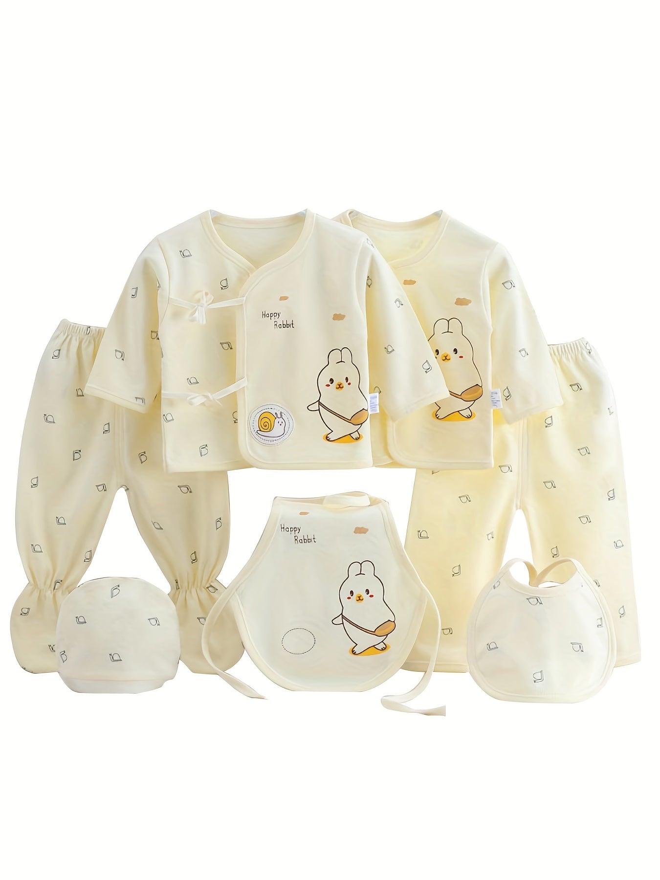 7pcs Newborn Outfits Gifts, Cute Graphic Baby Boys Girls Cotton Comfy Clothes Set - Footed Pants Cardigan Top Trousers Hat Bib Set