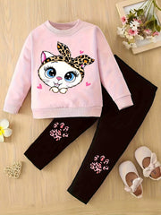 Kids Fashion Outfit Set Sweatshirt + Trousers Long Sleeve Cute Animal Pattern Top Round Neck Casual Slim-fit Clothes For Autumn