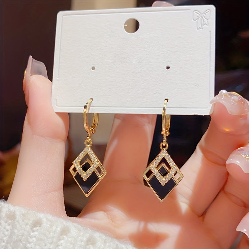 Double Rhombus Shape Shiny Zircon Inlaid Dangle Earrings Elegant Simple Style Zinc Alloy Jewelry Daily Casual