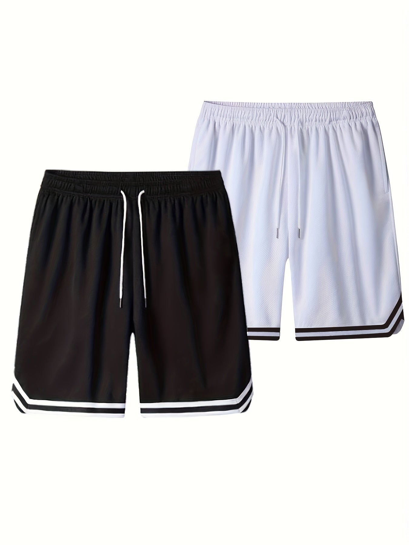 Two-Piece Mens Loose Fit Contrast Color Stripe Shorts Set - Drawstring Waist, Two Side Pockets, Breathable Slight Stretch Polyester Fabric, Ideal for Summer Fitness, Outdoor Sports, and Daily Casual Wear