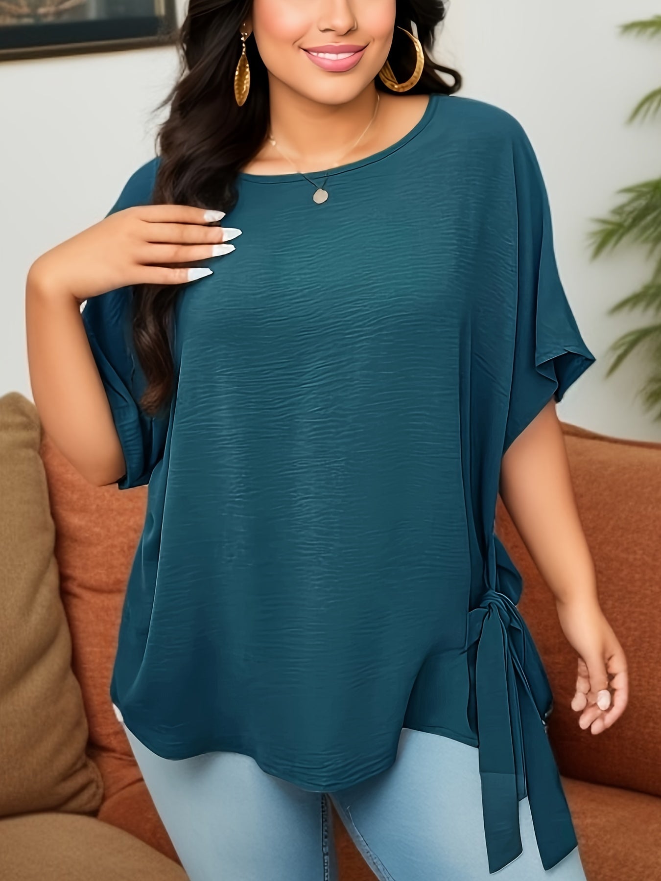 Plus Size Casual Crew Neck Short Sleeve Lace Up Top - Soft Slight Stretch Polyester Fabric, Solid Color, No Printing, Knit Fabric, Perfect for All Seasons