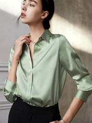 Satin Button Front Shirt, Elegant Long Sleeve Lapel Shirt For Spring & Fall, Women's Clothing