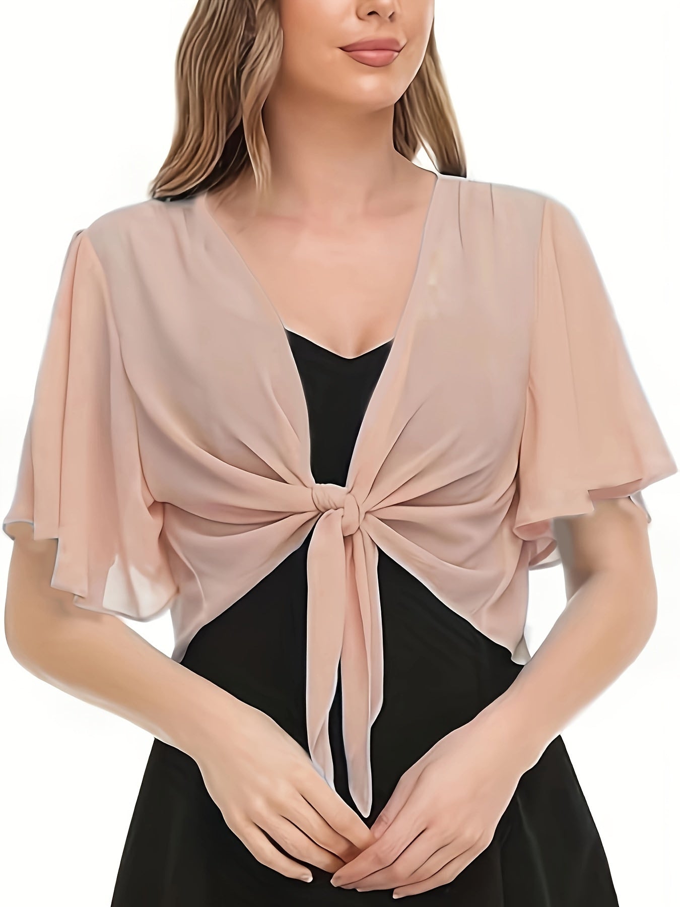 Solid Color Knotted Front Blouse, Elegant Short Sleeve Chiffon Blouse For Summer, Women's Clothing