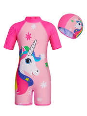 Adorable Unicorn Print Girls 1-piece Swimwear - Seamless Splicing, Colorful Design - Perfect Beachwear, Magical Gift for Little Mermaids