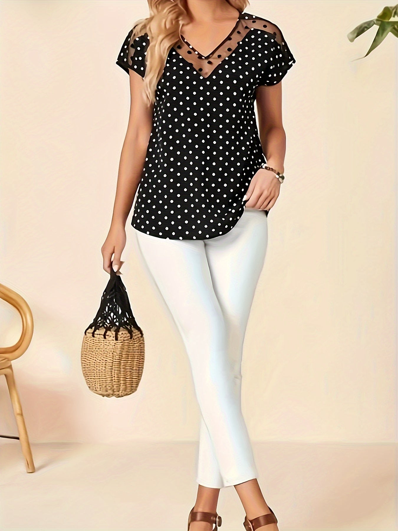 Polka-dot Pattern Mesh Splicing Blouse, Vintage V-neck Short Sleeve Loose Blouse For Spring & Fall, Women's Clothing