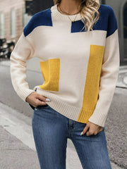 Cozy Color Block Pullover Sweater - Stylish Crew Neck, Long Sleeve Knit for Trendy Women - Perfect for Fall & Spring Wardrobe