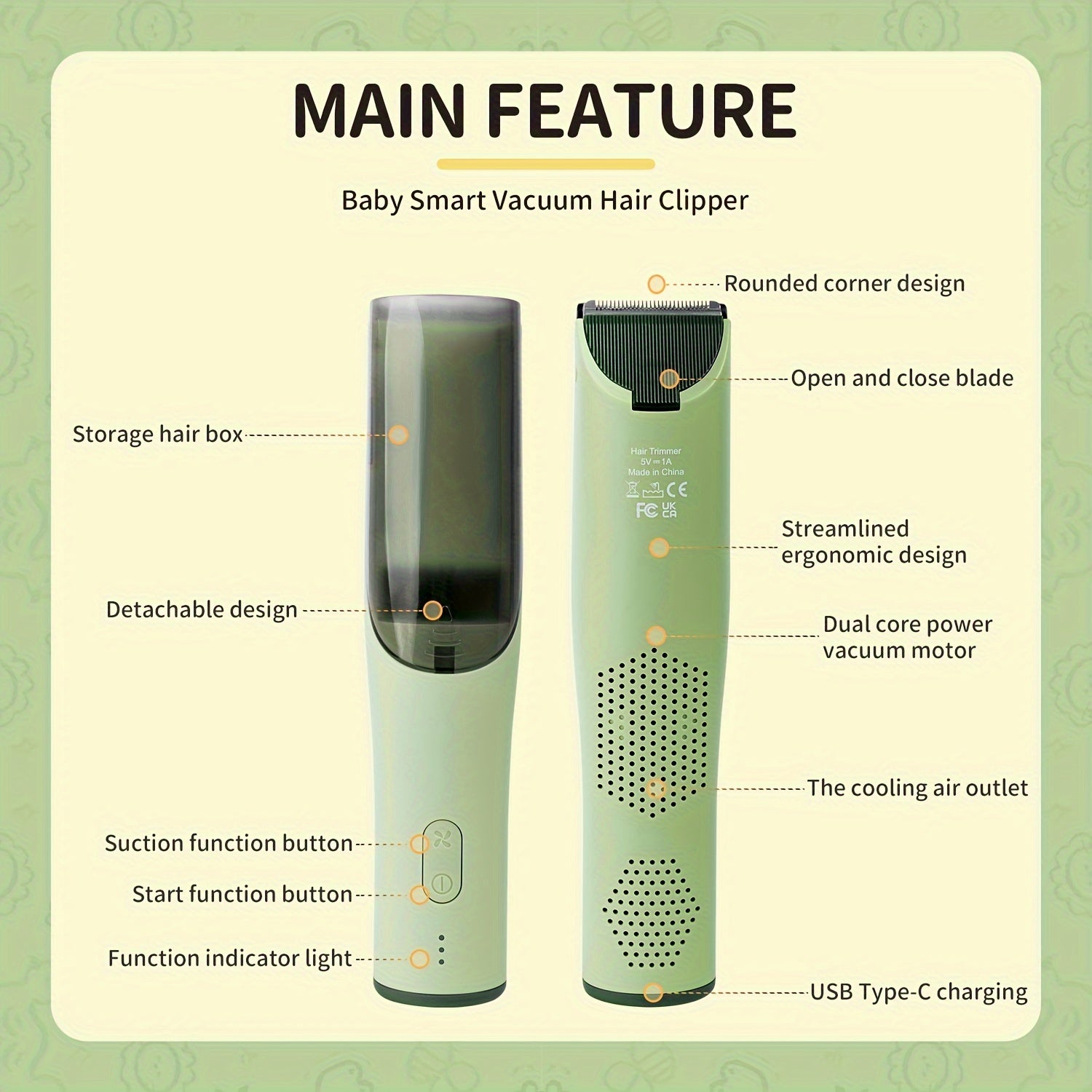 YAFULL Kids Safe Hair Clipper Set with Suction Chamber, 3 Guide Combs, USB Rechargeable Lithium Battery, Quiet Wireless Operation for Toddlers & Children Ages 3-8, Electric Hair Trimmer Care Kit