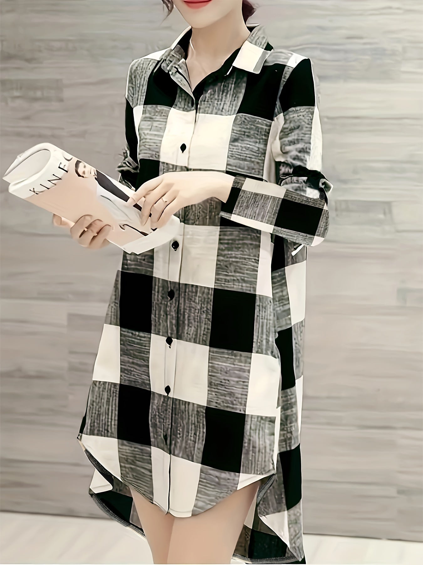 Plaid Print Button Front Shirt, Casual Lapel Neck Long Sleeve Long Shirt For Spring & Fall, Women's Clothing