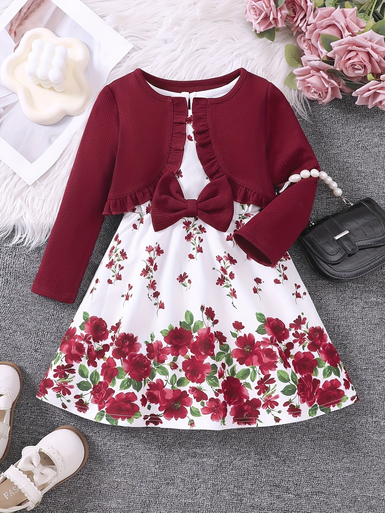 Sweet Girls 2pcs Solid Frill Trim Long Sleeve Outerwear + Flower Graphic Sleeveless Dress Set For Summer Party Gift