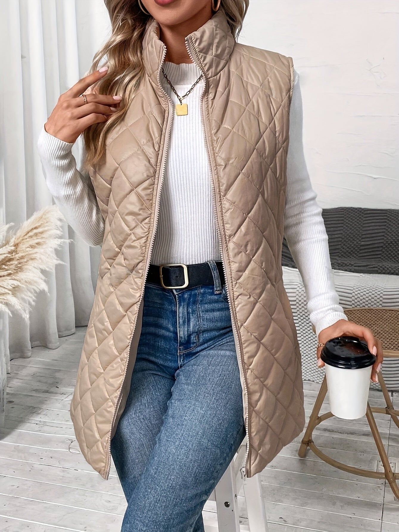 Argyle Quilted Zipper Front Padding Vest, Elegant Sleeveless Gilet Jacket For Fall & Winter, Women's Clothing