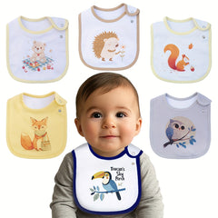 6pcs Cartoon Seasonal Printed Bibs, Adjustable With Buttons, Waterproof Feeding Bibs