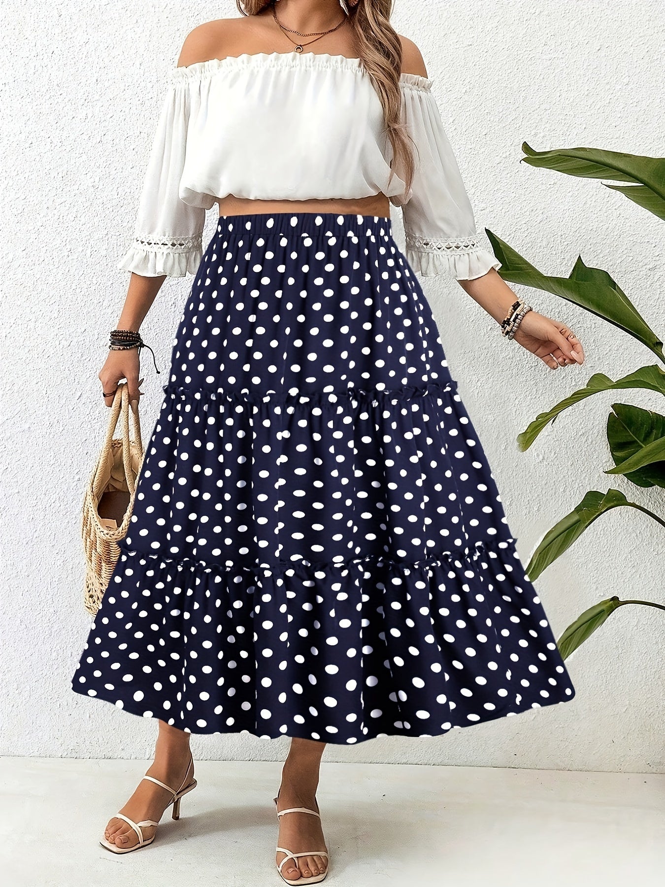 Plus Size Polka-dot Print A-line Skirt - Comfortable Elastic Waist for a Flattering Fit, Flowy Tiered Design for a Feminine Silhouette - Designed for Plus Size Women, Elegant and Sophisticated Style