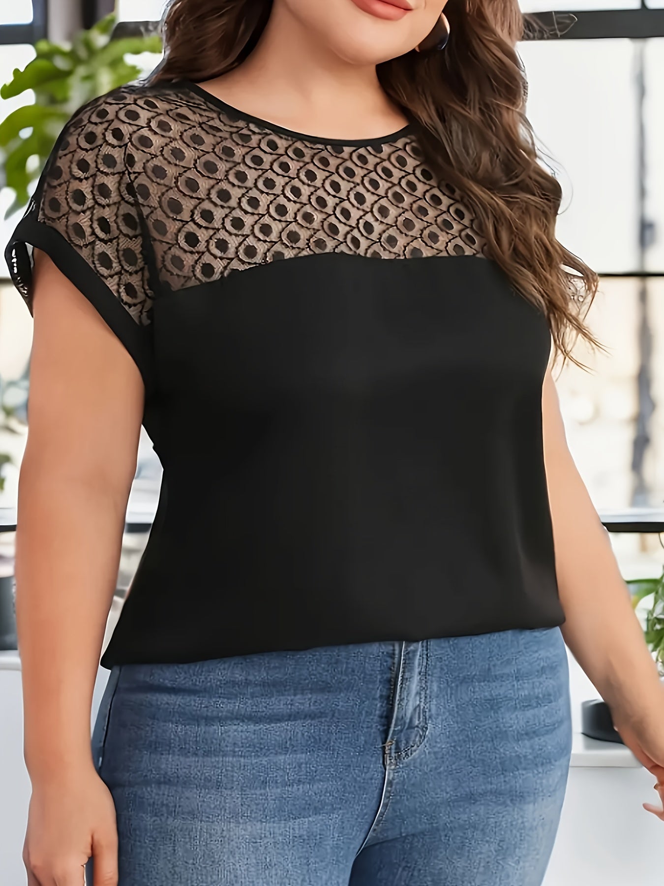 Plus Size Lace Stitching T-Shirt - Delicate Lace Details, Solid Color, Short Sleeves, Casual Style - Perfect for Spring and Summer, Designed for Women with Curvy Figures