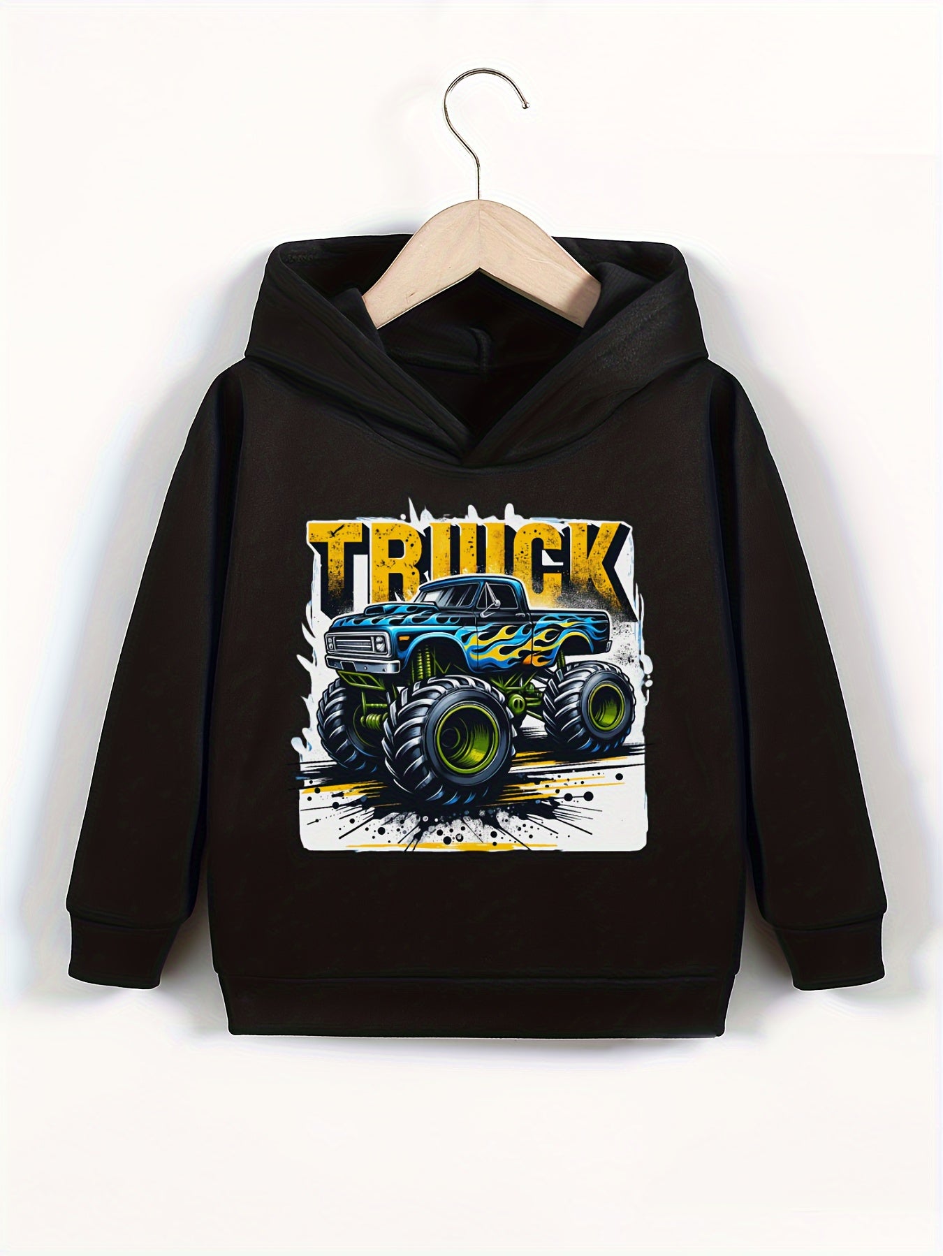 Fashion Monster Truck Graphic Print, Boy's Fashion Casual Comfy Round Neck Pullover Hoodies For Daily And Outdoor Wear, Spring And Fall Tops