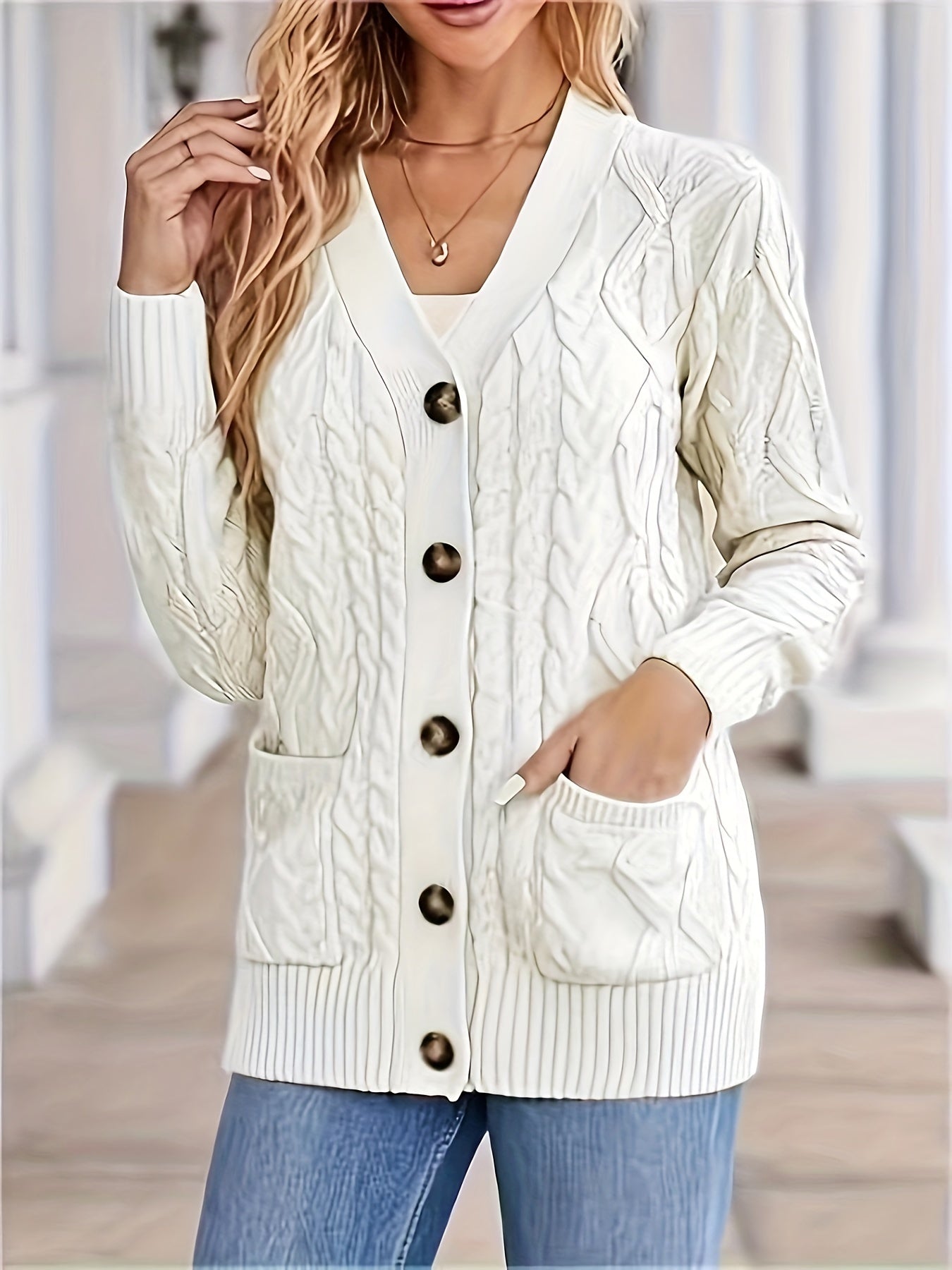 Cable Knit Single Breasted Cardigan, Casual Long Sleeve Pockets Cardigan For Spring & Fall, Women's Clothing