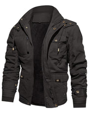 Men's Casual Warm Fleece Lined Cargo Jacket, Chic Multi Pocket Jacket For Fall Winter