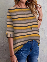 Colorblock Crew Neck Loose Blouse, Casual Half Sleeve Blouse For Spring & Summer, Women's Clothing