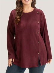 Plus Size Ribbed Split T-Shirt, Casual Crew Neck Long Sleeve T-Shirt, Women's Plus Size Clothing