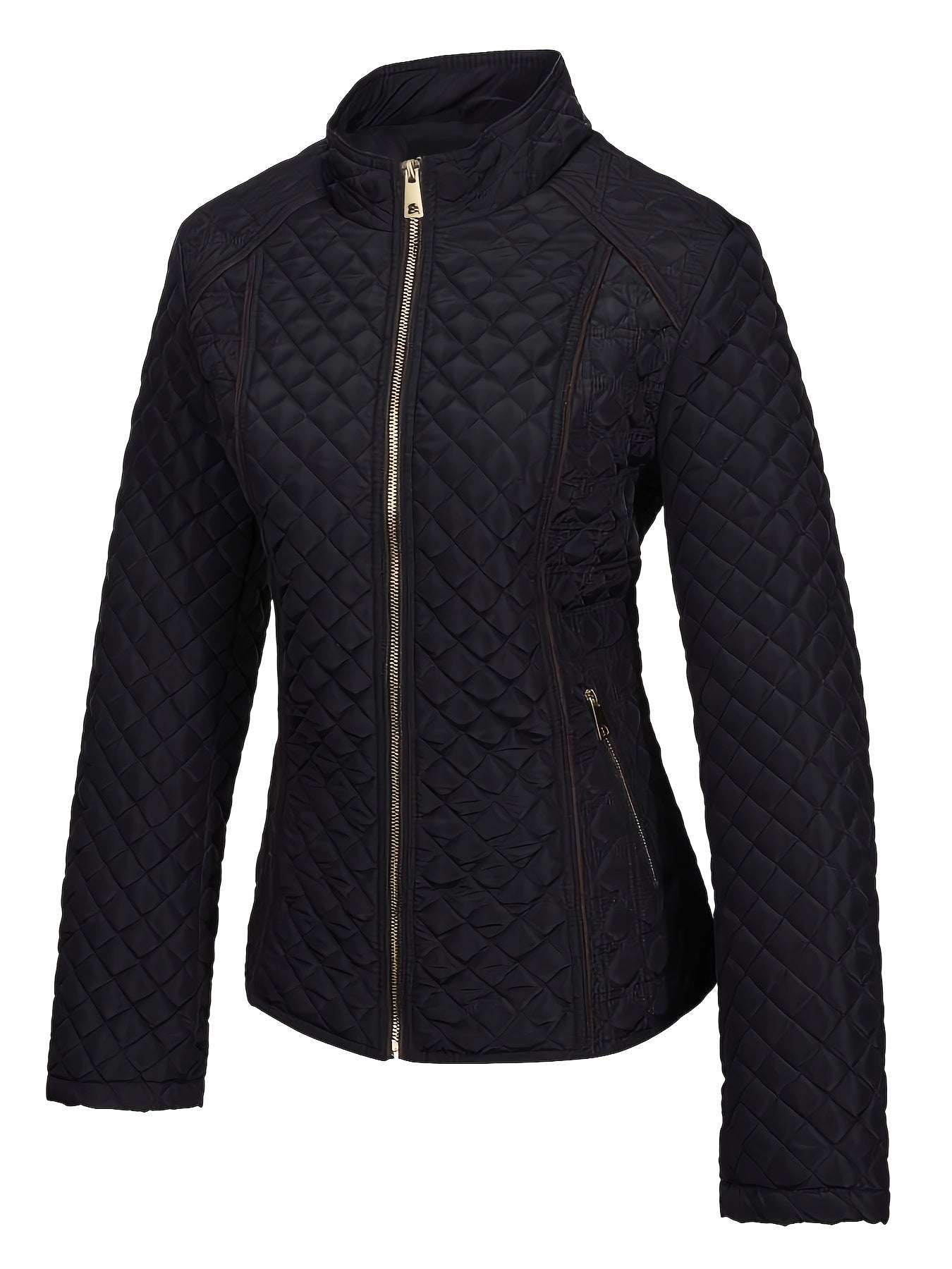 Argyle Quilted Zip Up Jacket Ciat, Elegant Long Sleeve Warm Outerwear For Fall & Winter, Women's Clothing