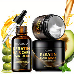 Rozino 2pcs Keratin & Rosemary Avocado Hair Care Set - Deep Moisturizing Essential Oil For Smooth, Hydrated Locks Hair Oil For Dry Hair Rosemary Oil For Hair