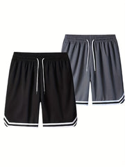 Two-Piece Mens Loose Fit Contrast Color Stripe Shorts Set - Drawstring Waist, Two Side Pockets, Breathable Slight Stretch Polyester Fabric, Ideal for Summer Fitness, Outdoor Sports, and Daily Casual Wear