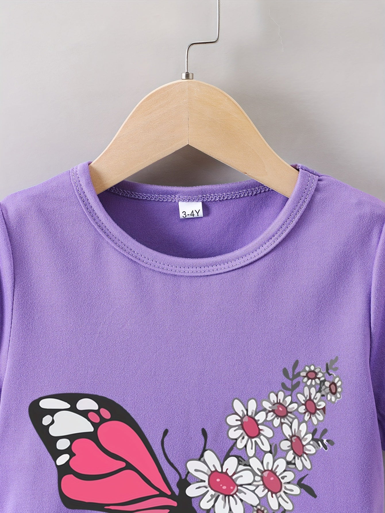 Butterfly Wing With Flowers Graphic Print Tee, Girls' Casual & Comfy Short Sleeve Crew Neck T-shirt For Spring & Summer, Girls' Clothes