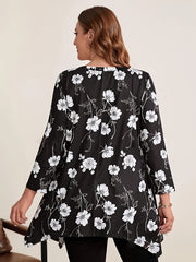 Plus Size Floral Print Asymmetrical Hem T-shirt, Elegant Long Sleeve Crew Neck Top For Spring & Fall, Women's Plus Size Clothing