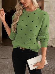 Polka Dot Knit Sweater - Relaxed Fit Casual Long Sleeve Crew Neck Sweater for Women, Perfect for Everyday Wear, Womens Clothing