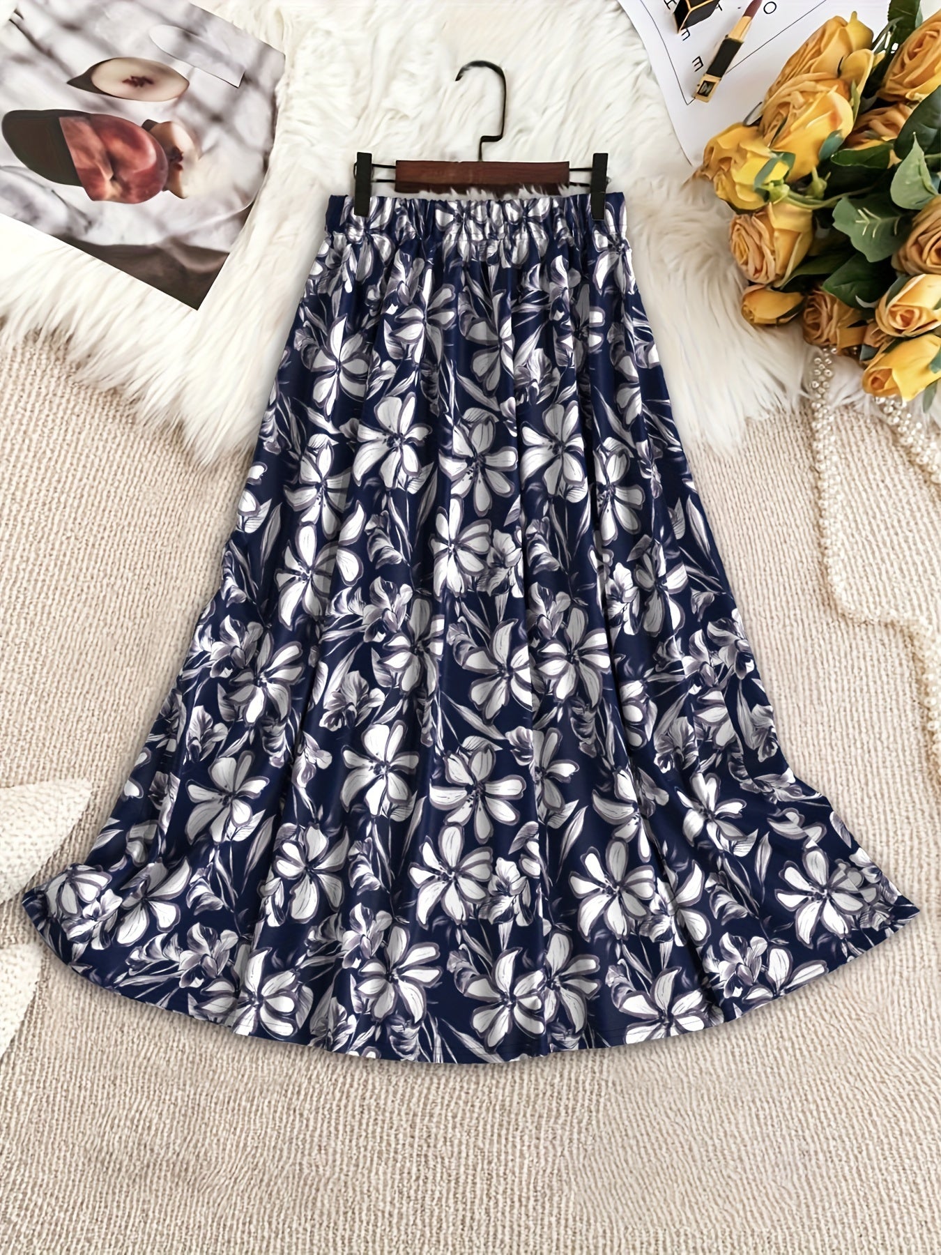 Chic Floral Print Midi Skirt With Elastic Waistband - Stretchy, Machine Washable Polyester Blend For Women - Perfect For All Seasons Skirts For Women Clothes For Women