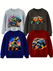 4pcs Off-road Truck Print Sweatshirt For Boys - Cool, Lightweight And Comfy Spring Fall Clothes!