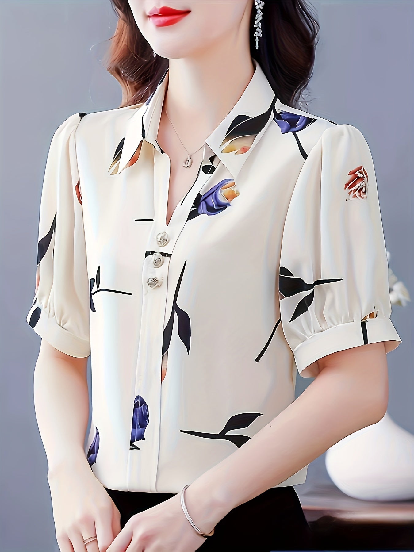 Floral Print Button Decor Shirt, Elegant Short Sleeve Collared Top For Spring & Summer, Women's Clothing