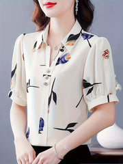 Floral Print Button Decor Shirt, Elegant Short Sleeve Collared Top For Spring & Summer, Women's Clothing